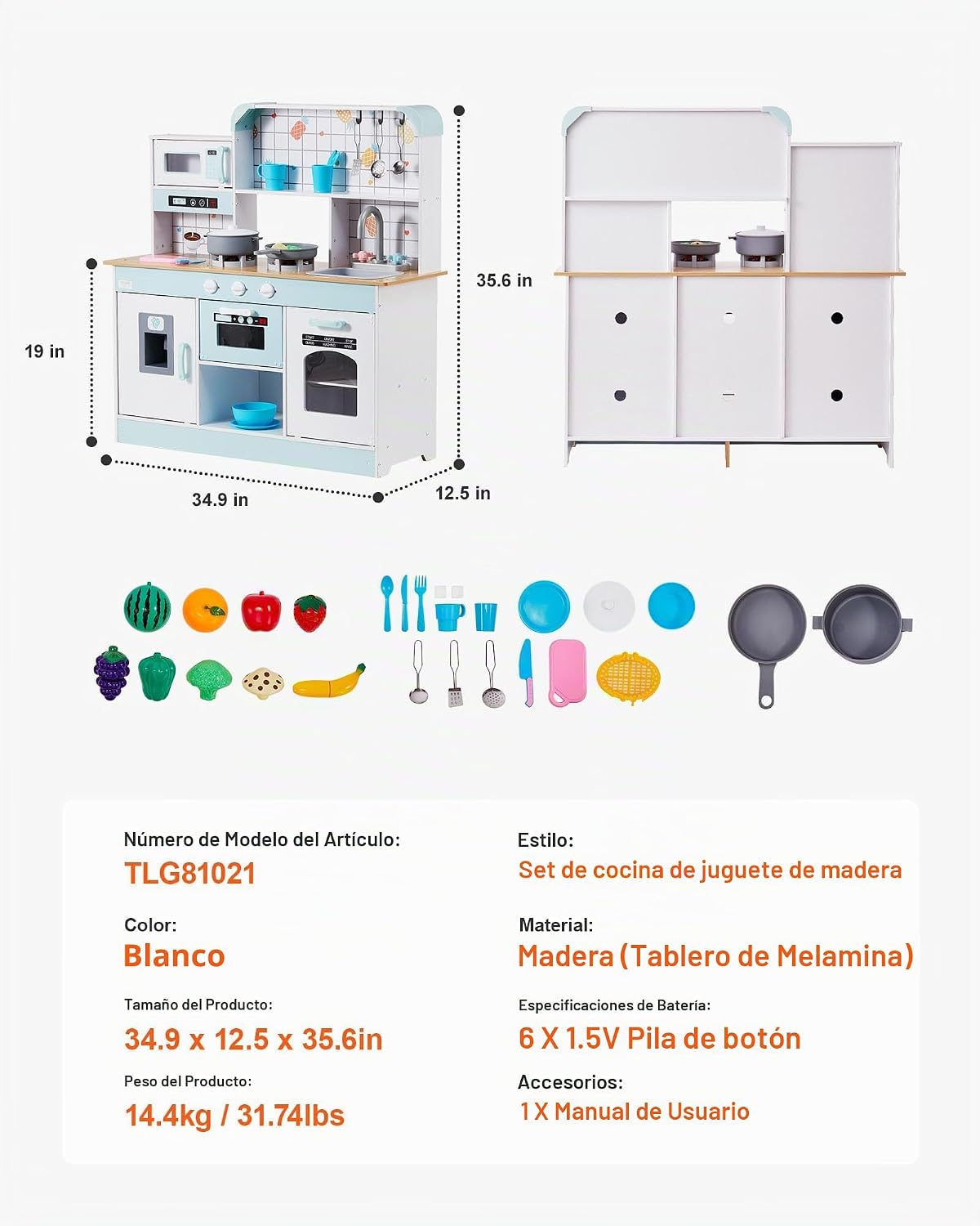 VEVOR Cocina de Juguete de Madera, Cocina de Juego para Niños con L...