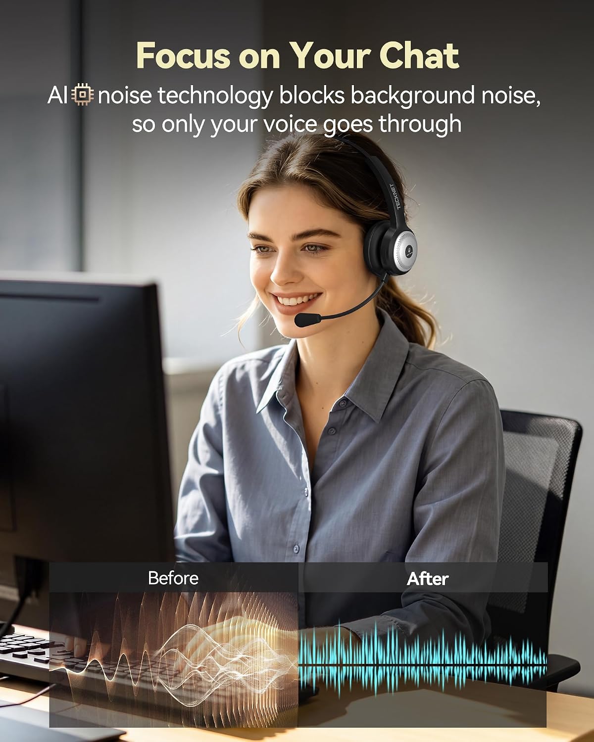 TECKNET Auriculares inalámbricos para trabajo Bluetooth con micrófo...