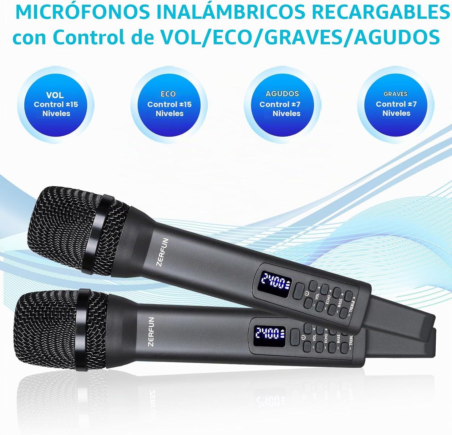 ZERFUN Micrófonos inalámbricos recargables duales, sistema de micró...