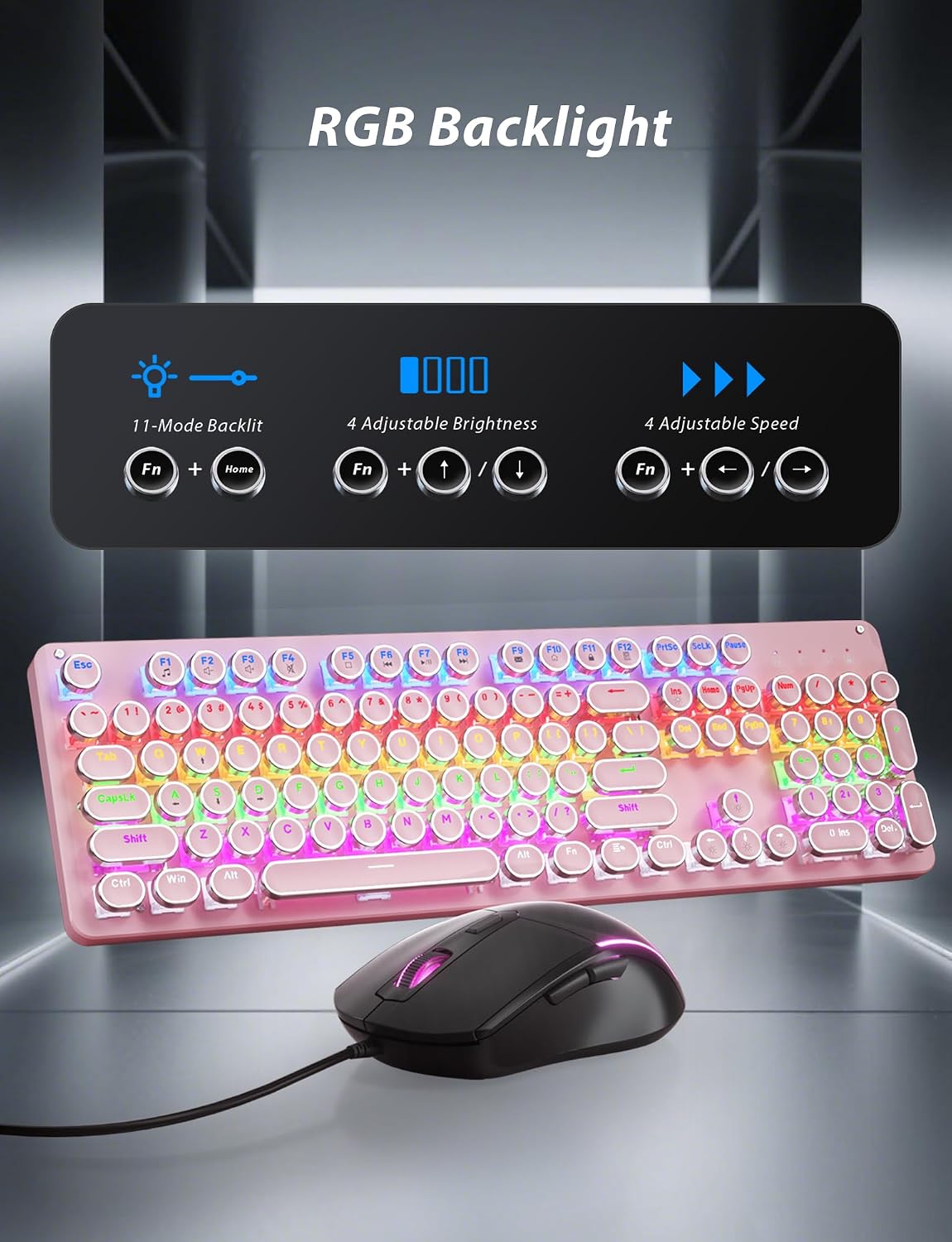 Bevewlpol Combo de teclado mecánico y mouse rosa para juegos, tecla...