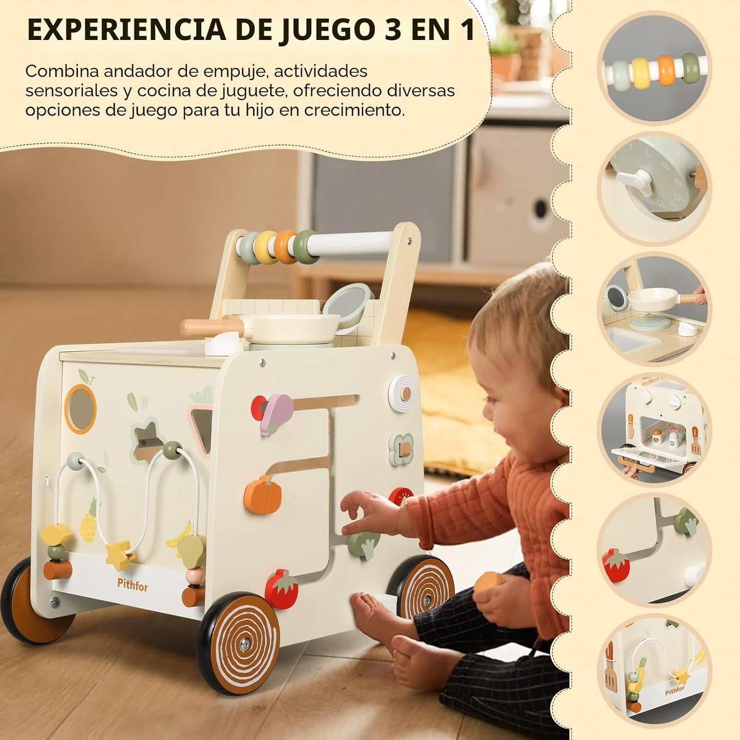 Pithfor Andador de Madera para Bebés, Andador de Empuje para Bebés...