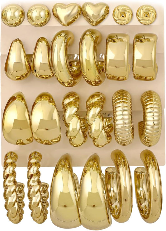 12 pares de aretes de aro gruesos de oro para mujer, modernos, chap...