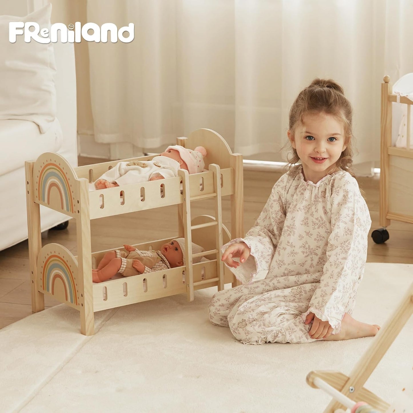 Freniland Litera de madera para muñecas con escalera y ropa de cama...