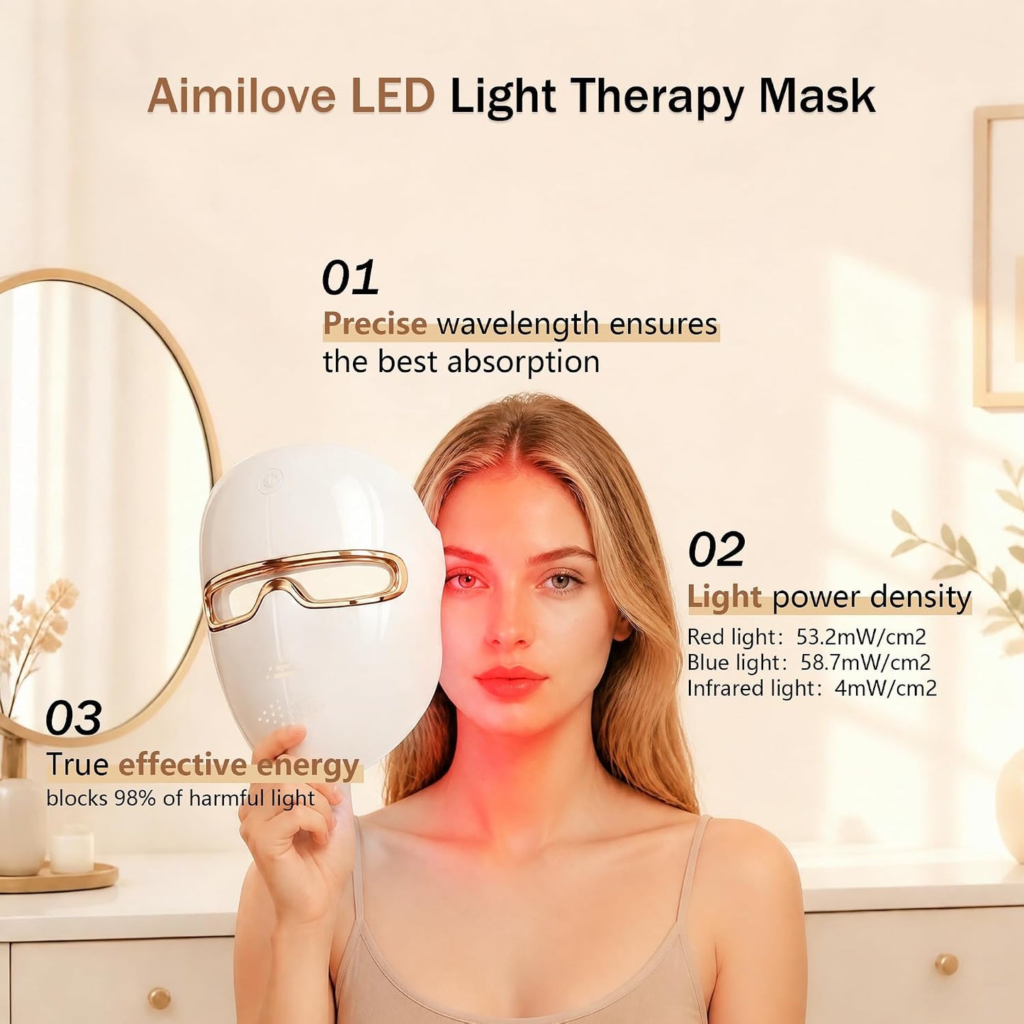 Aimilove Máscara de terapia de luz roja para cara, 850nmNIR trata e...