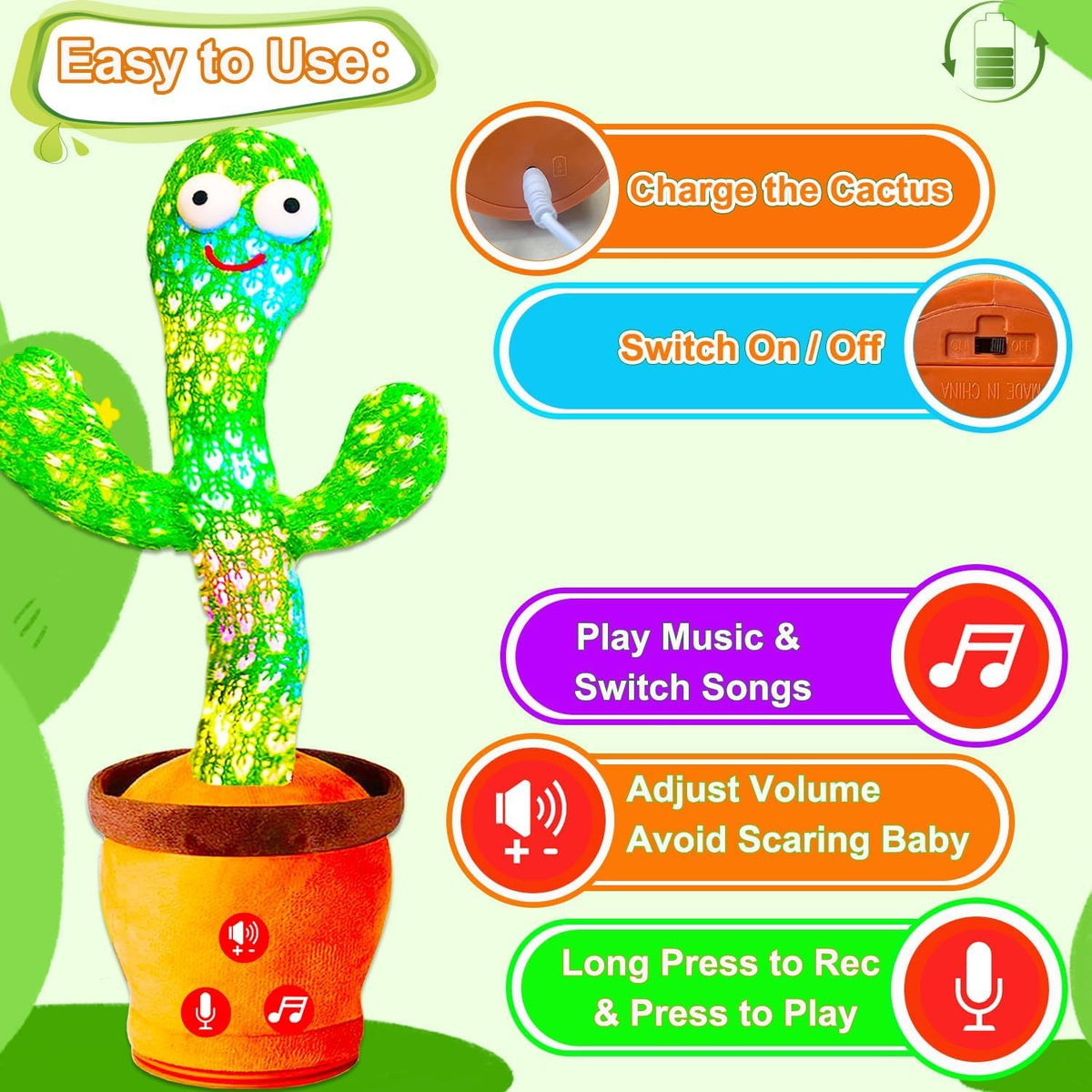 Vitosup Juguetes recargables para bebés, juguete de cactus que habl...