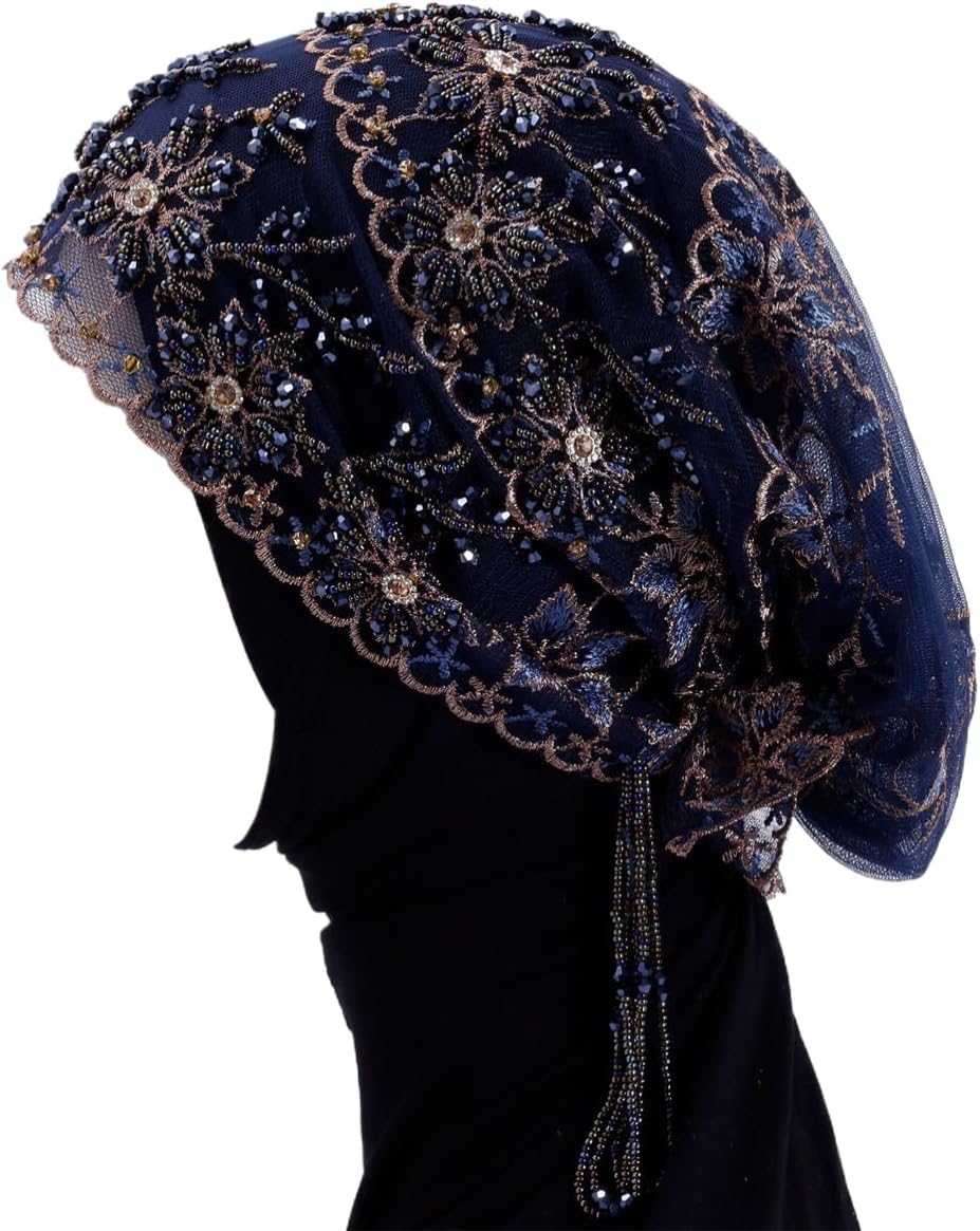 Turbante para mujer, con cuentas de encaje, musulmán, hijab, gorro...