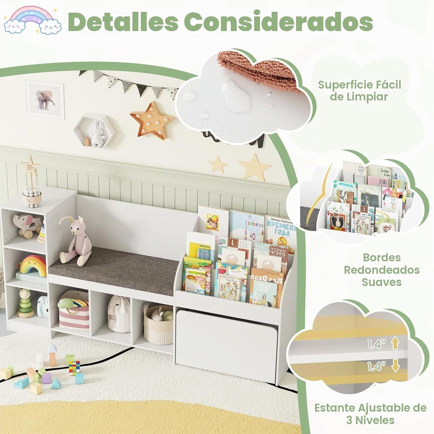 Costzon Estantería infantil de 67 pulgadas con rincón de lectura, o...