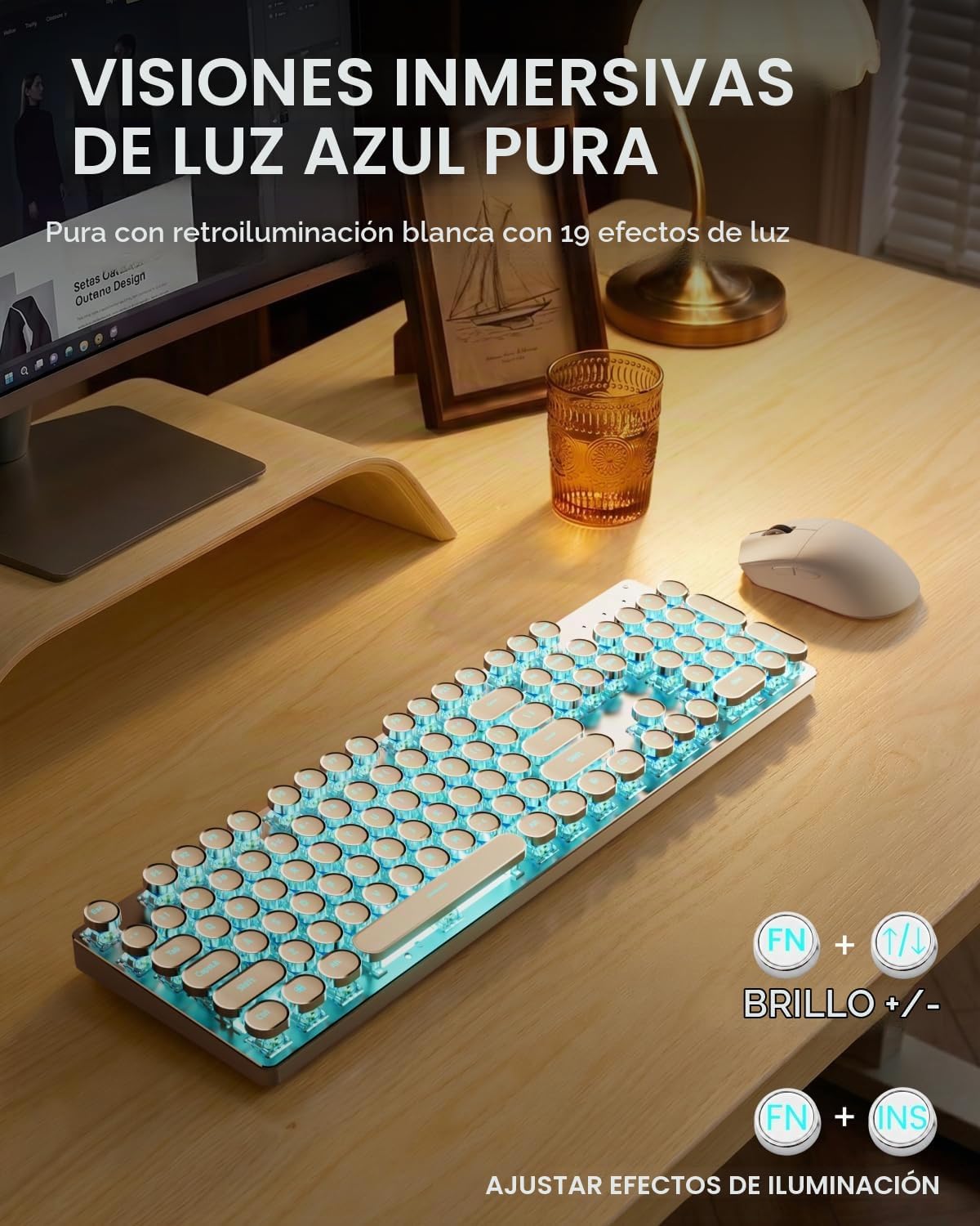 Combo de teclado y mouse inalámbricos, teclado retroiluminado azul...