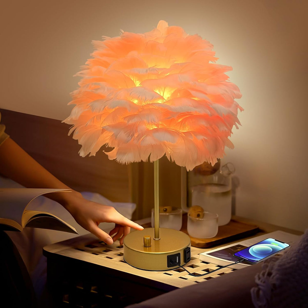 ZYLEIESENBAO Lámpara de mesa con cargador USB de plumas rosas, lámp...