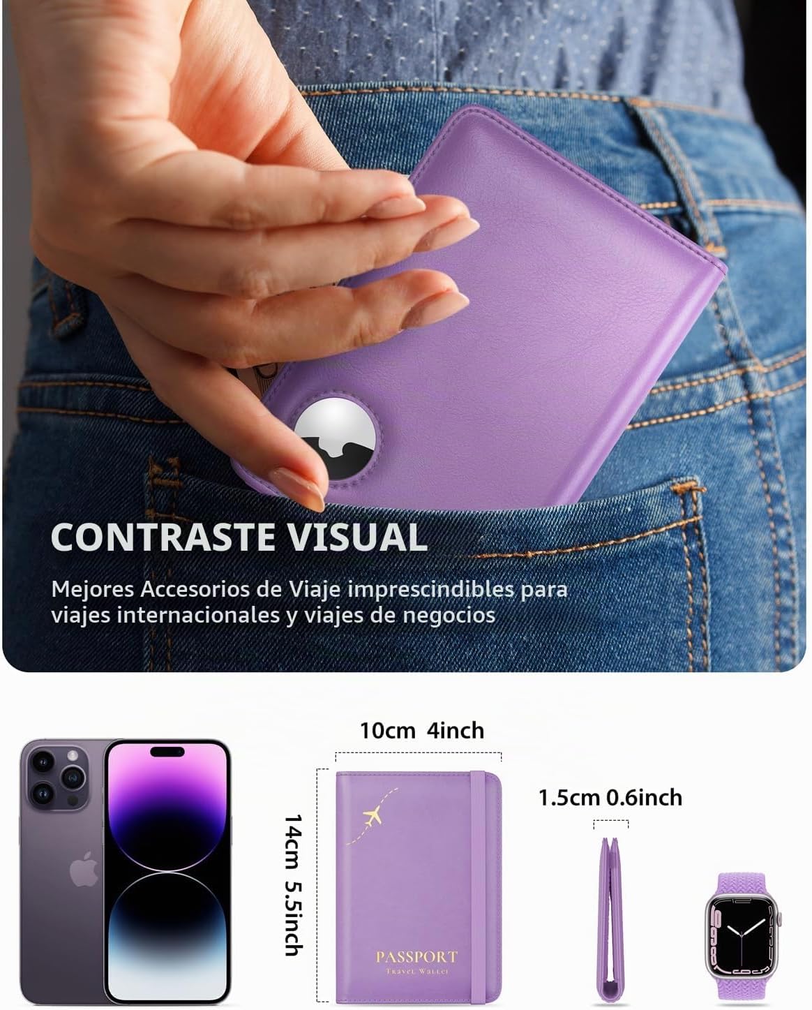 Stouchi Funda para pasaporte AirTag, Púrpura, Pequeña | Piel sintét...