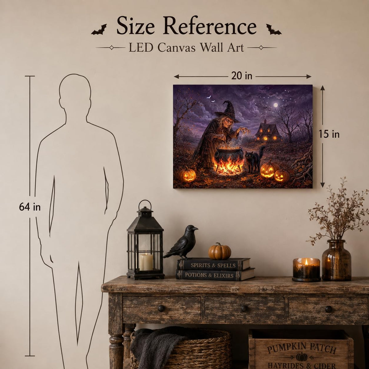 Artiluxy Lienzo iluminado de Halloween, caldero de bruja, 20.0 x 15...