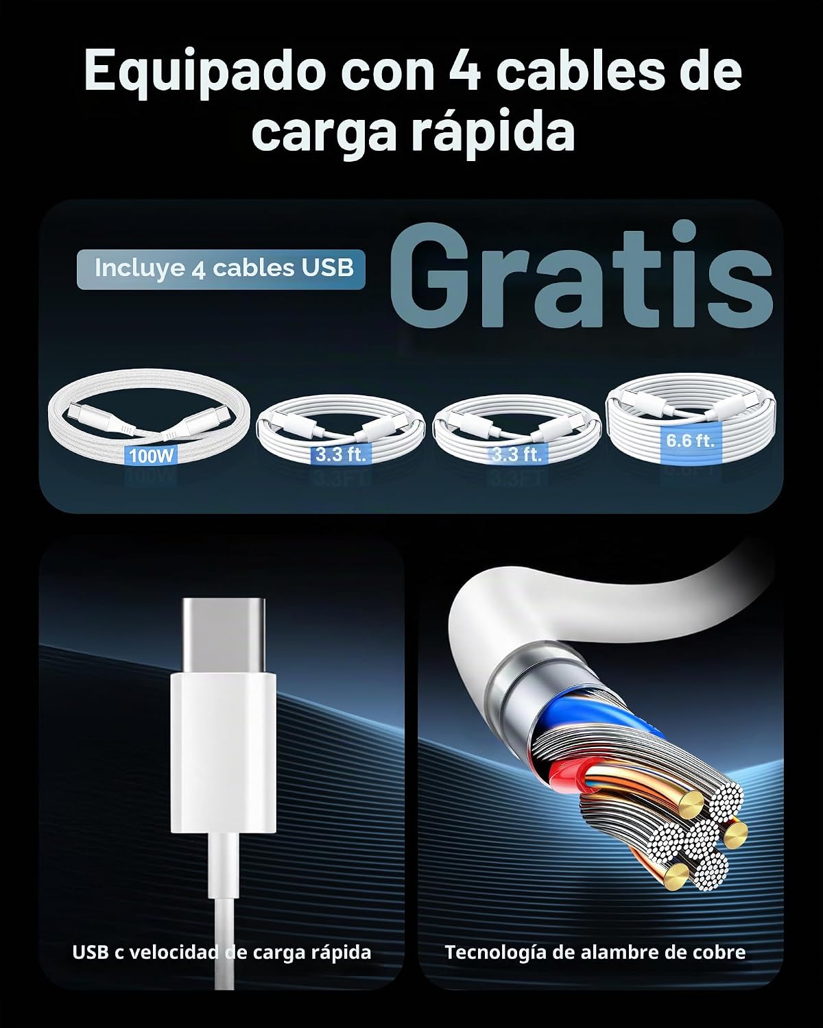 Bloque de cargador USB C de 380 W con 4 cables USB Estación de carg...