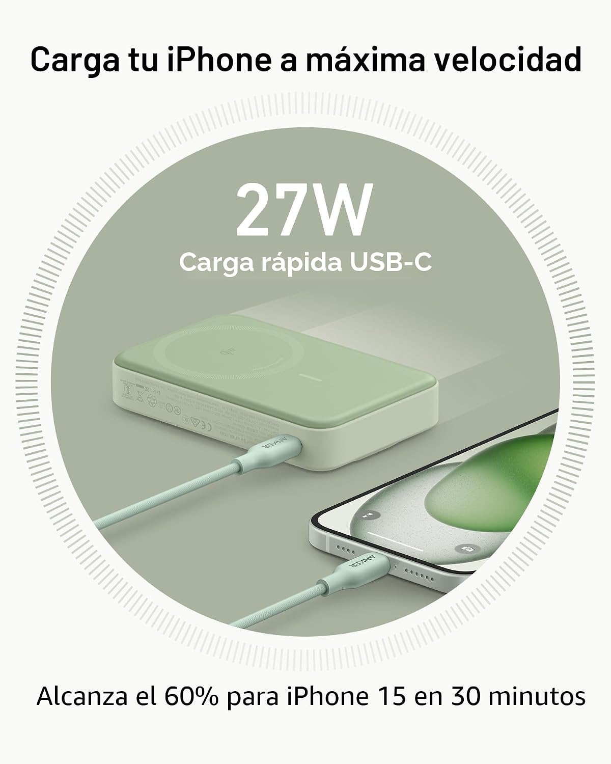 Anker MagGo Power Bank, cargador portátil máximo de 15 W con certif...