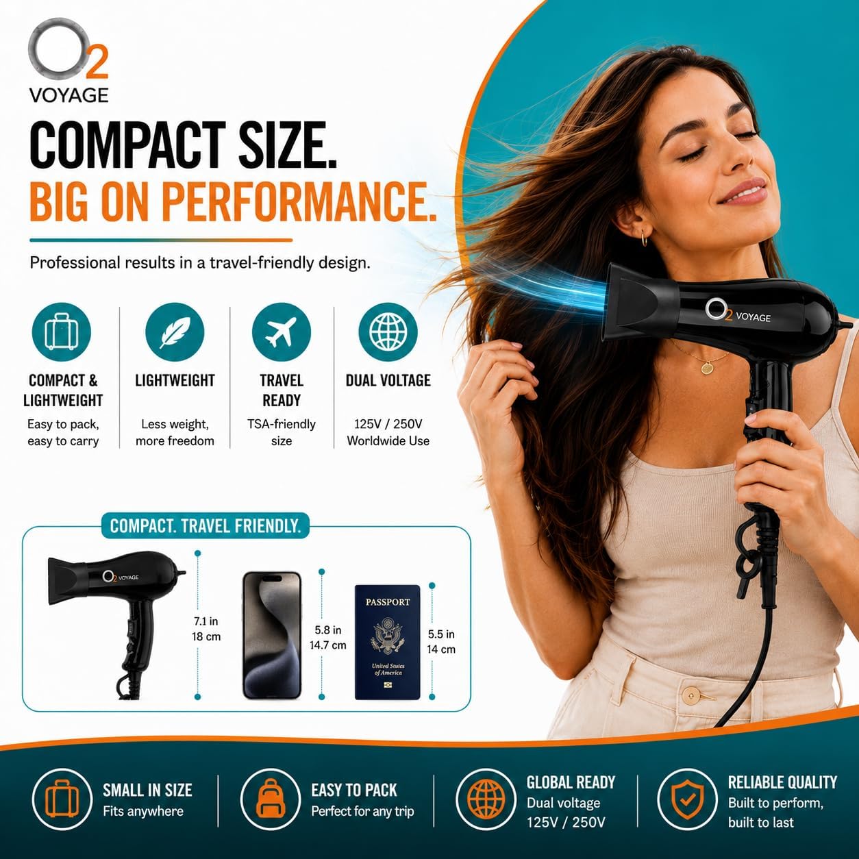 O2 Voyage - Secador de pelo iónico profesional de doble voltaje de...