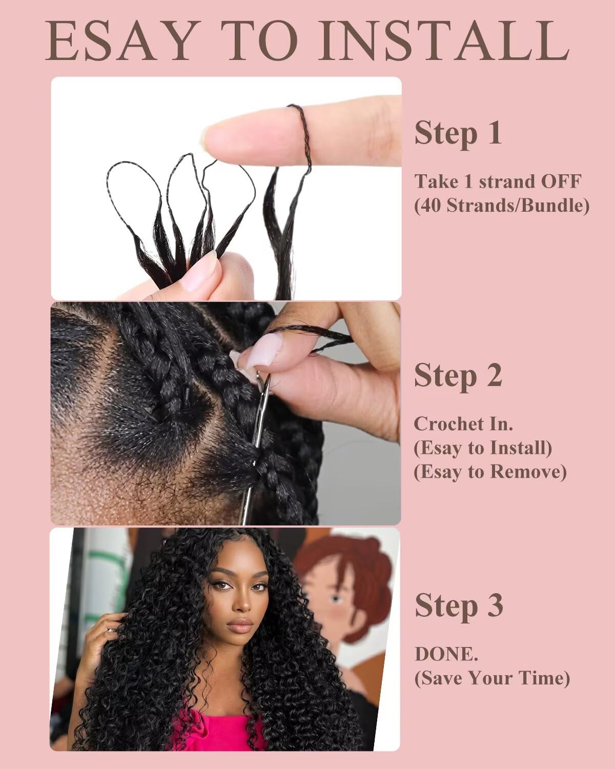 Cabello humano de ganchillo para mujeres negras, extensiones de cab...
