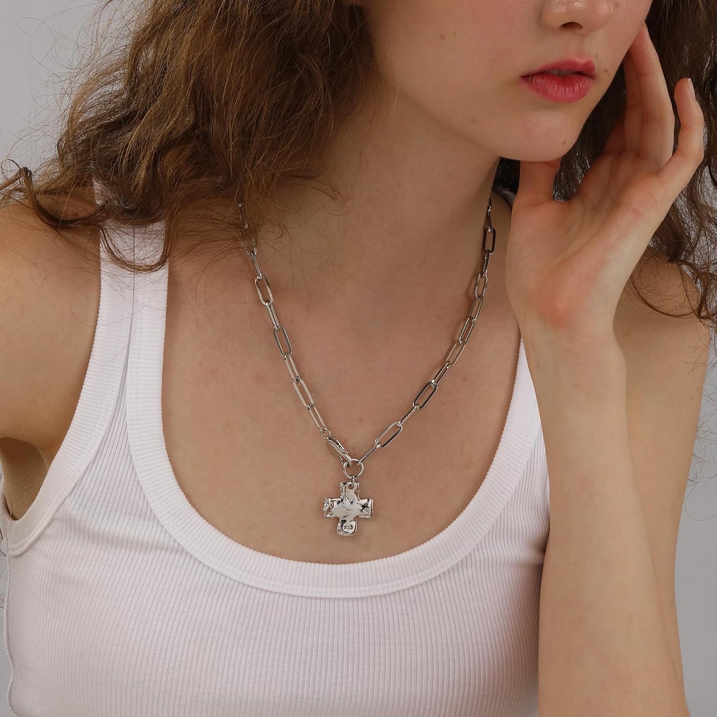 Bheop - Collar de cruz gruesa para mujer, oro de 14 quilates, plata...