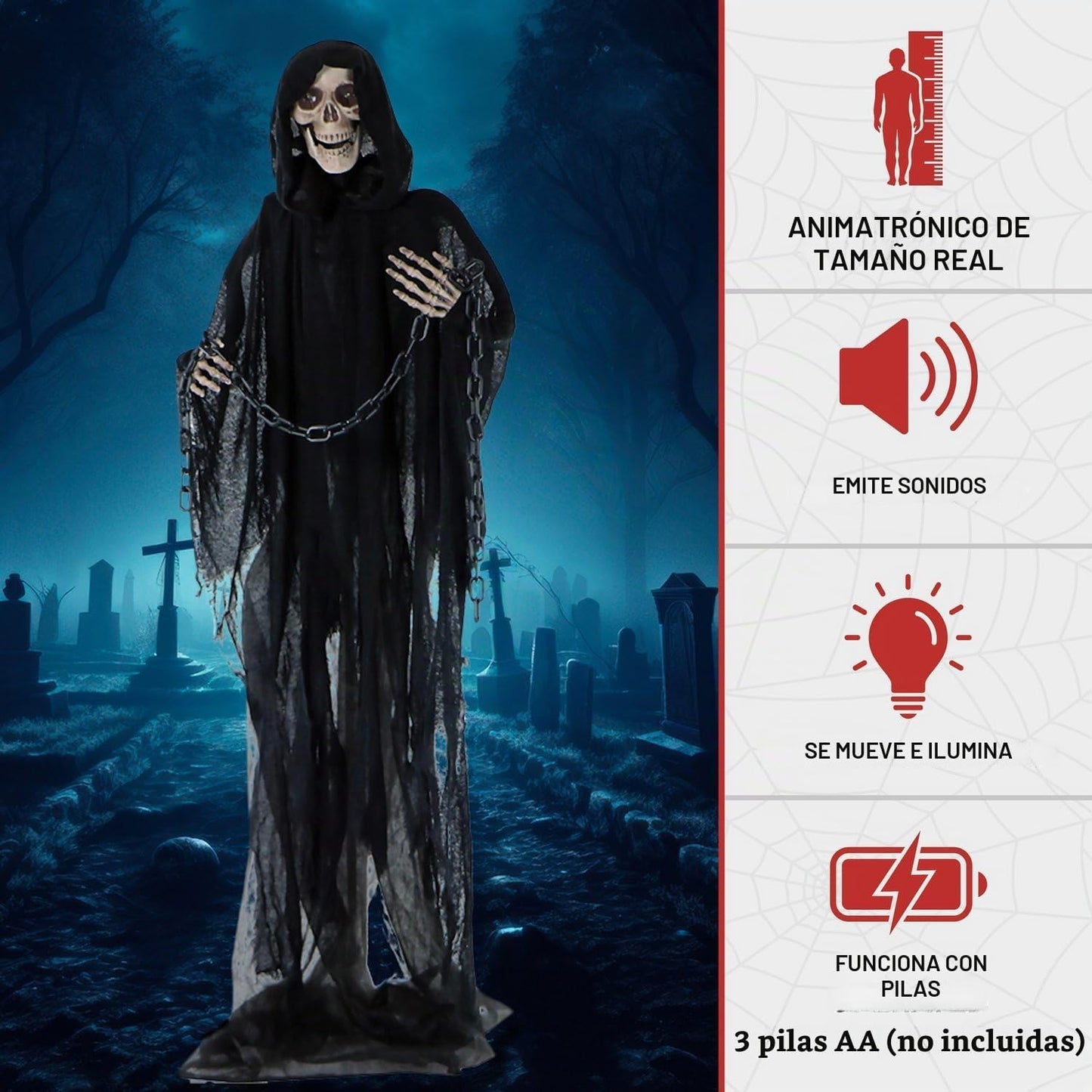 Haunted Hill Farm Parca aterradora de tamaño real con cadena, anima...