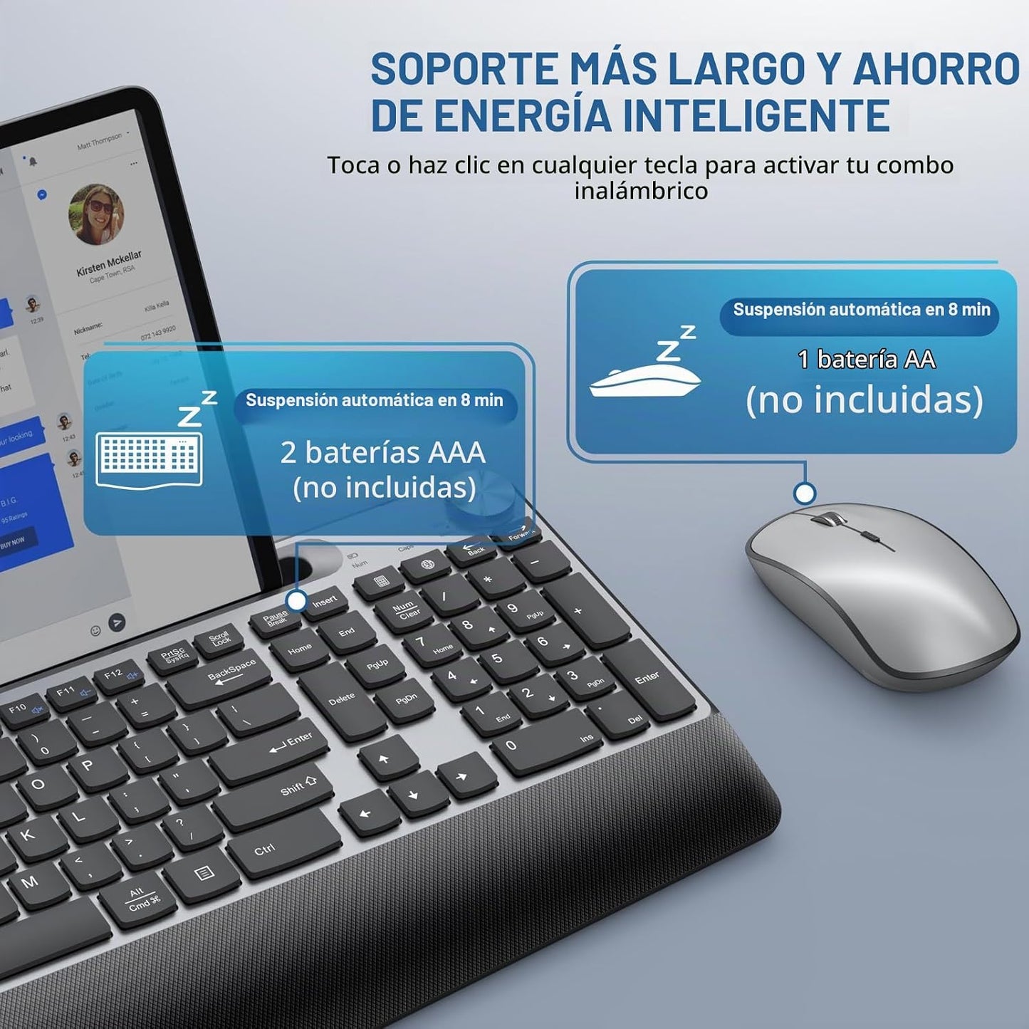 JOYACCESS Teclado y mouse inalámbricos, teclado inalámbrico ergonóm...