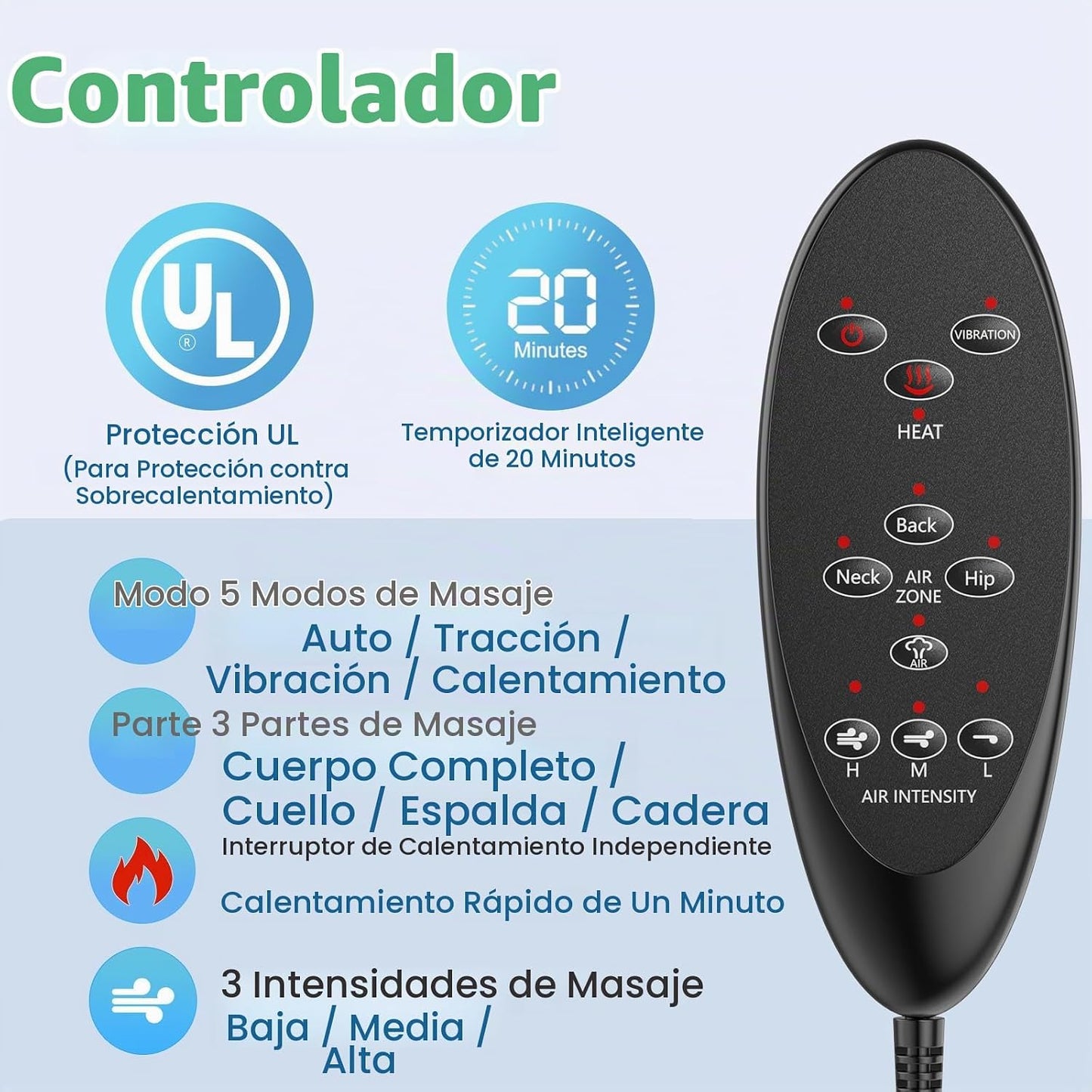 Masajeador de espalda con calor, tracción y vibración, almohadilla...