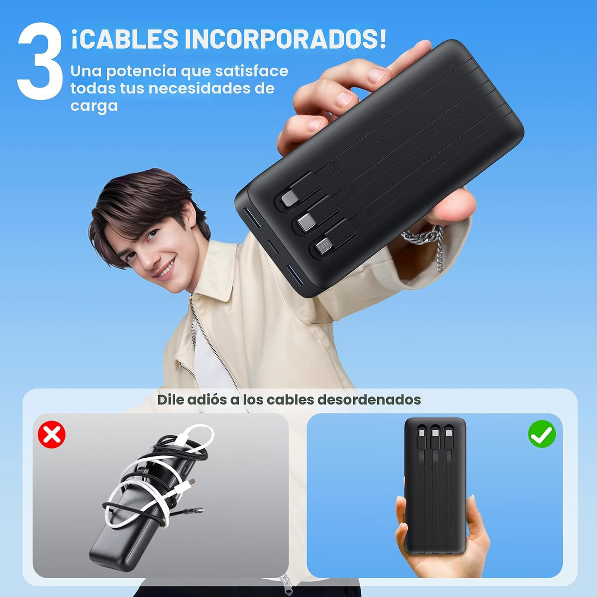 Cargador portátil de 70800 mAh con 3 cables integrados, 25 W PD QC4...