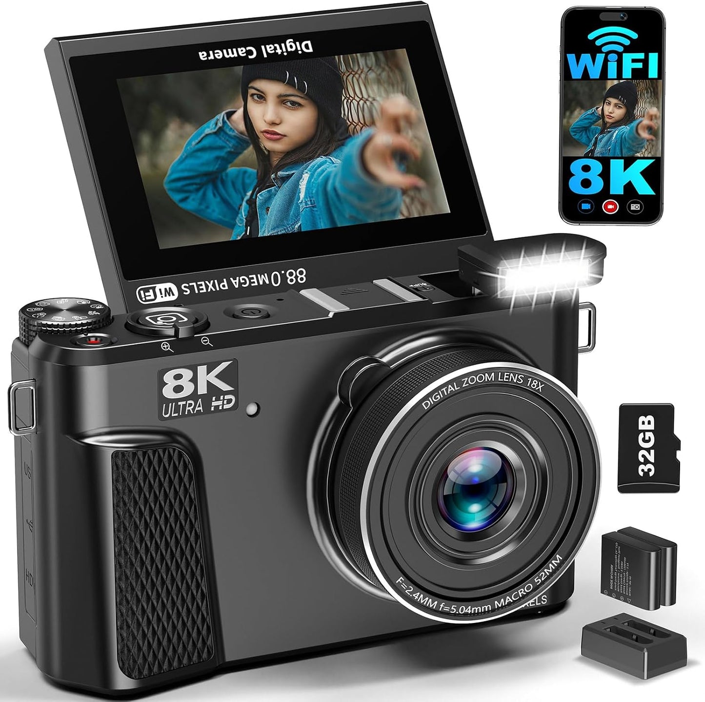 Cámara digital 8K para fotografía, cámara de vlogging de enfoque au...