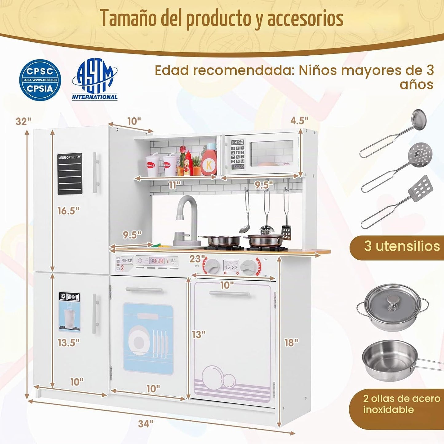 HONEY JOY Juego de cocina para niños, cocina de madera de pequeño c...