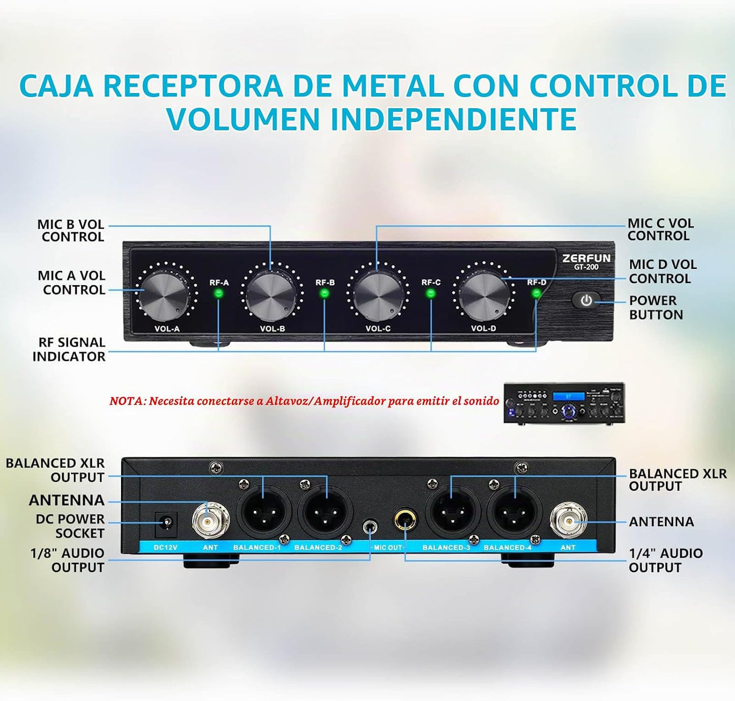 ZERFUN Sistema de Micrófono Inalámbrico Recargable de 4 Canales, Mi...