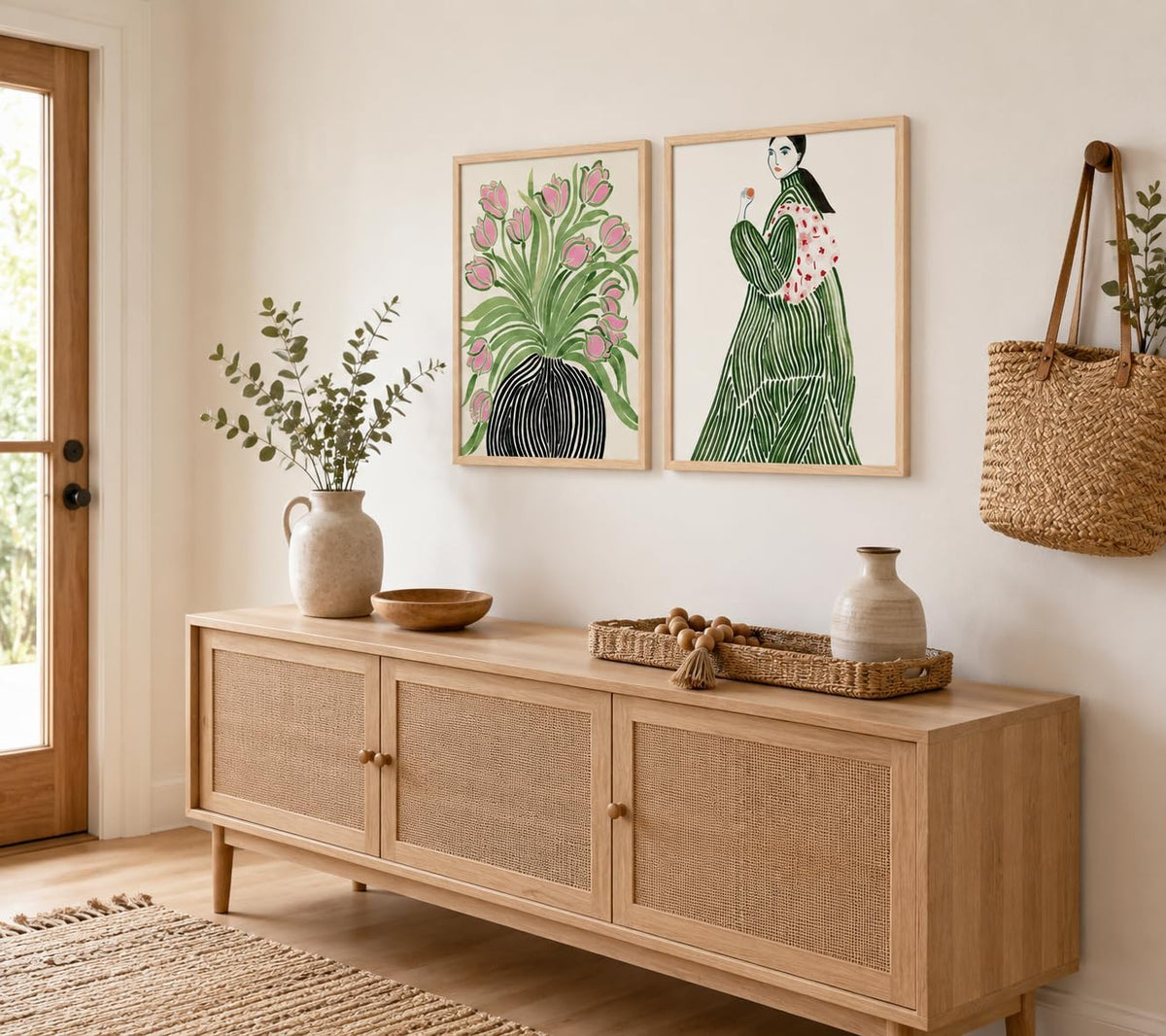 Lienzo enmarcado para pared, diseño de tulipanes, jarrón de mujer,...