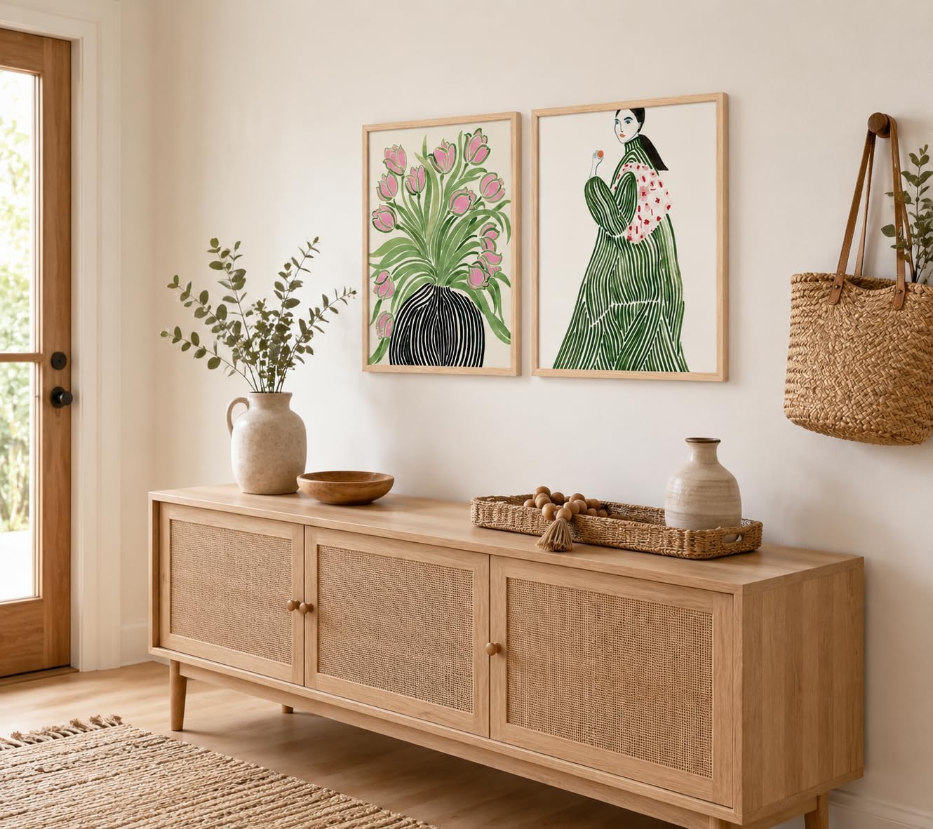 Lienzo enmarcado para pared, diseño de tulipanes, jarrón de mujer,...