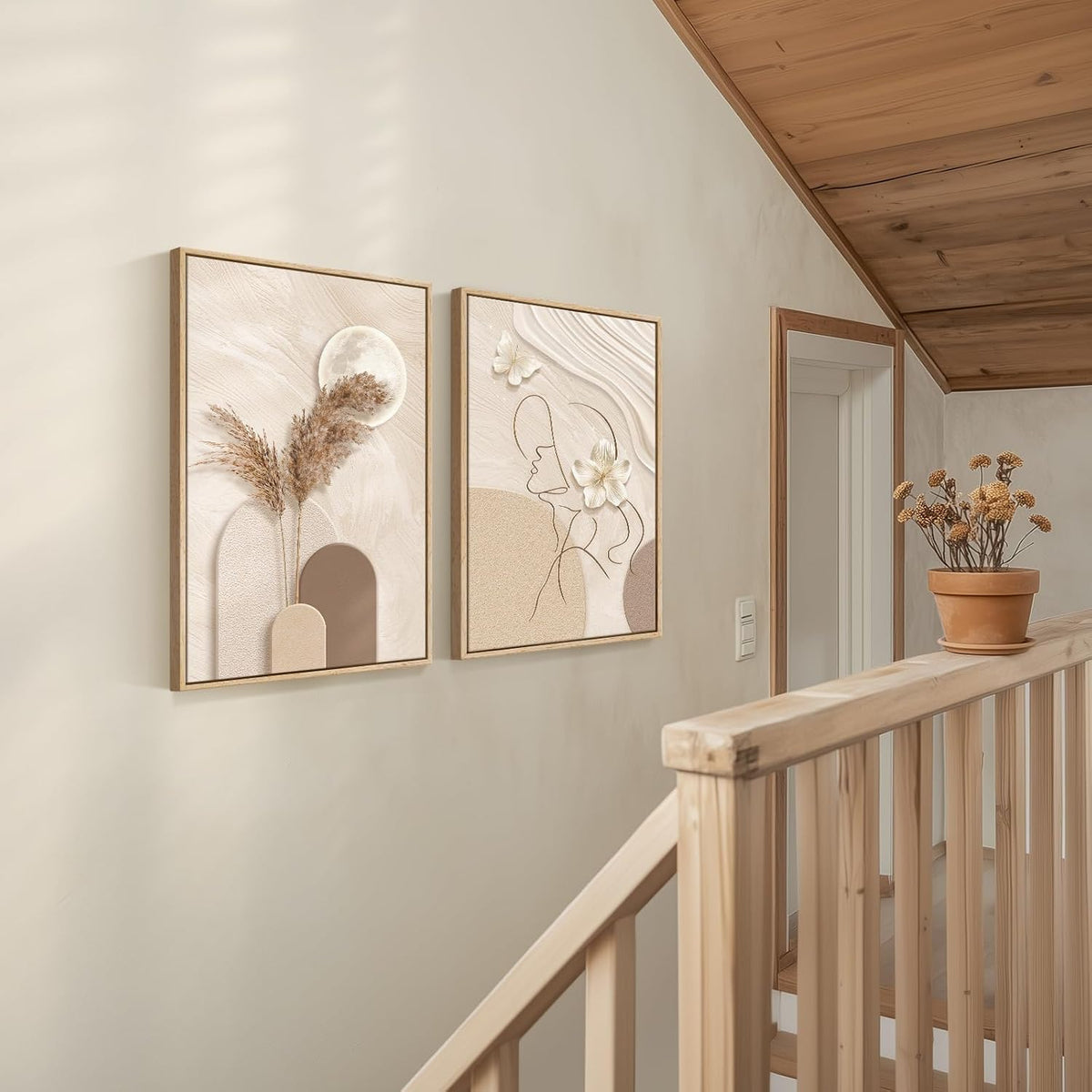 Arte de pared abstracto neutro con marco grande para sala de estar,...