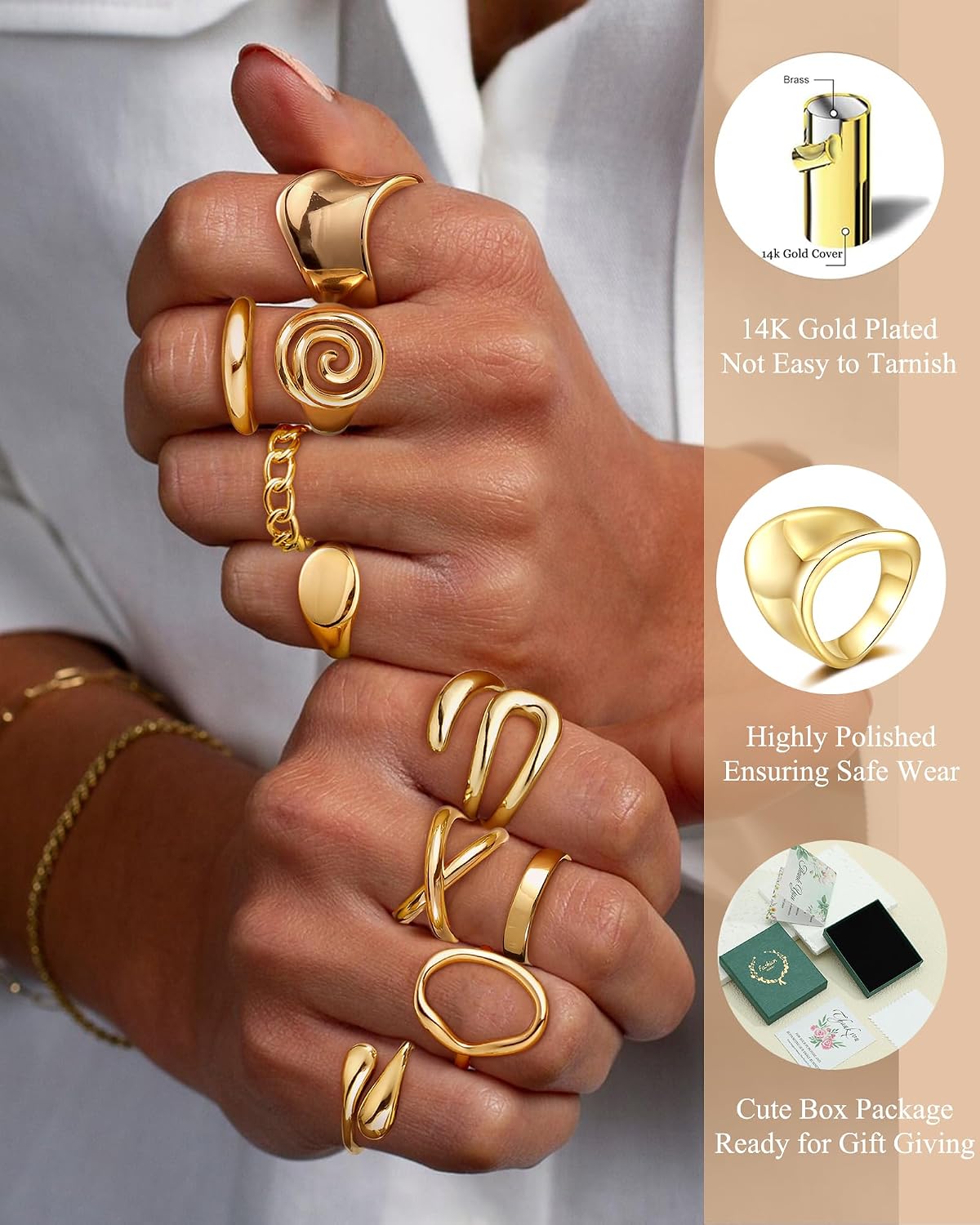 ZHESHY Anillos gruesos de oro para mujer, sin deslustre, chapados e...