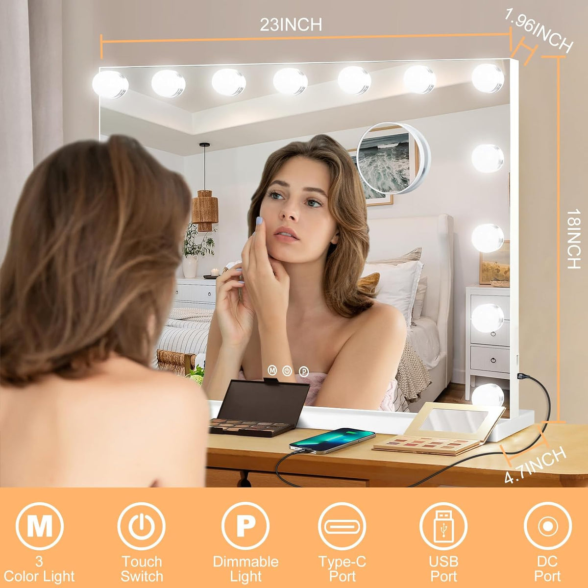 Moonee Espejo de tocador con luces, espejo de maquillaje iluminado...