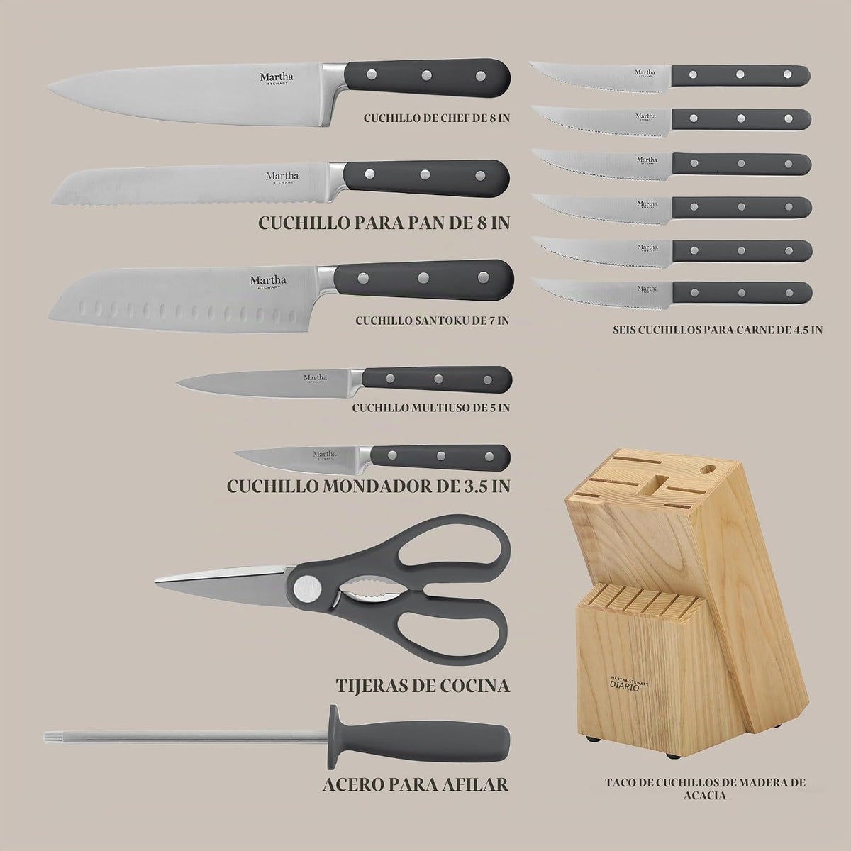 Martha Stewart Eastwalk Juego de 14 cuchillos de acero inoxidable d...