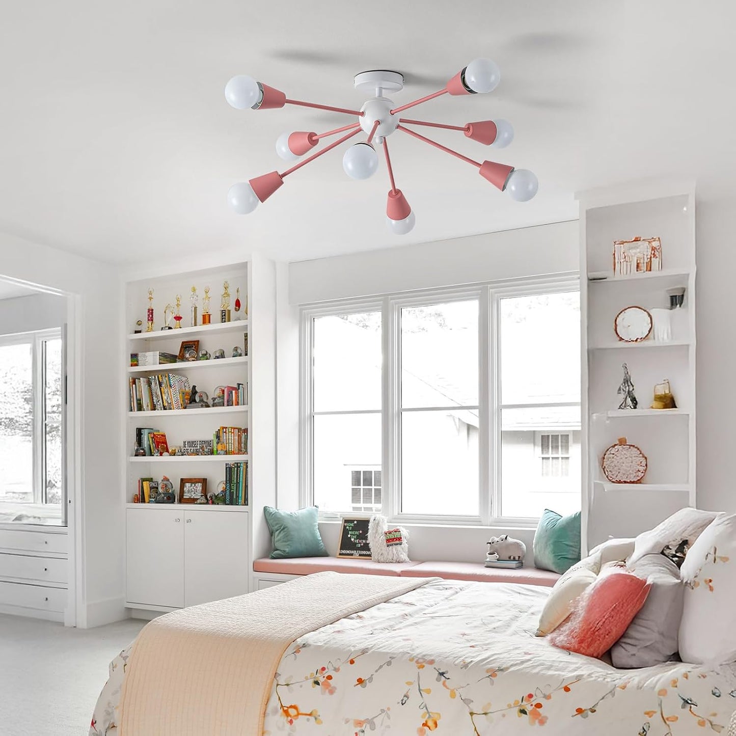 Lámpara de techo de araña Sputnik rosa, 8 luces de techo para niños...