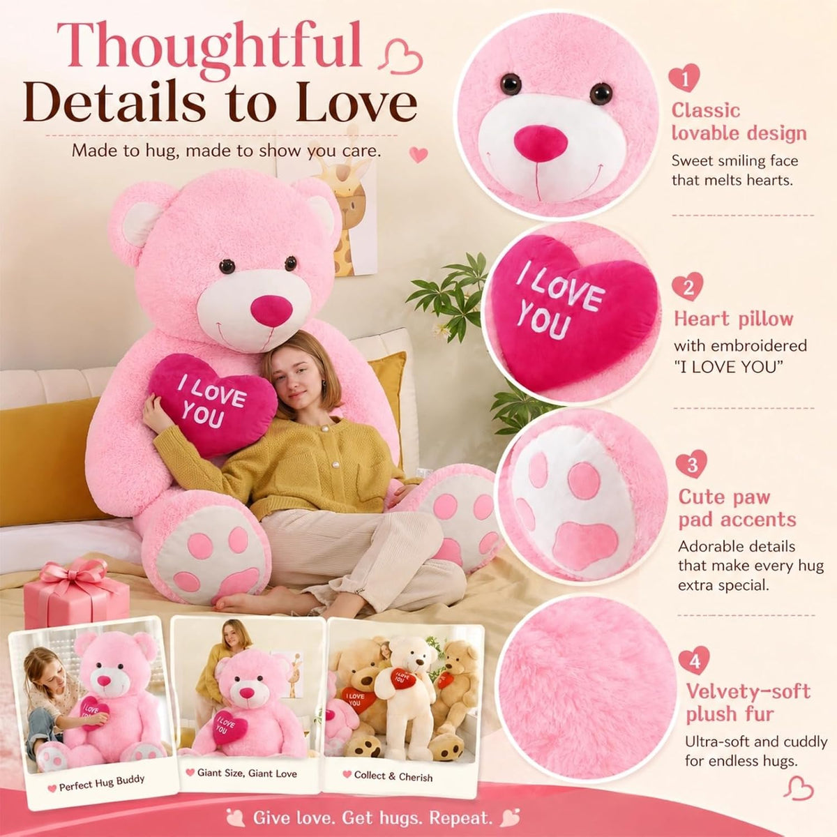 BENINY Oso de peluche gigante rosa de 52 pulgadas con corazón, pelu...