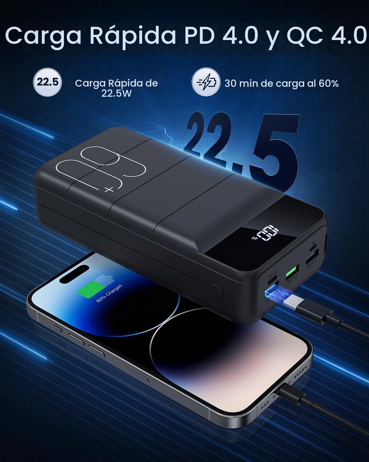 Cargador Portátil 60000mAh Banco de Energía - Carga Rápida 22.5W Pa...