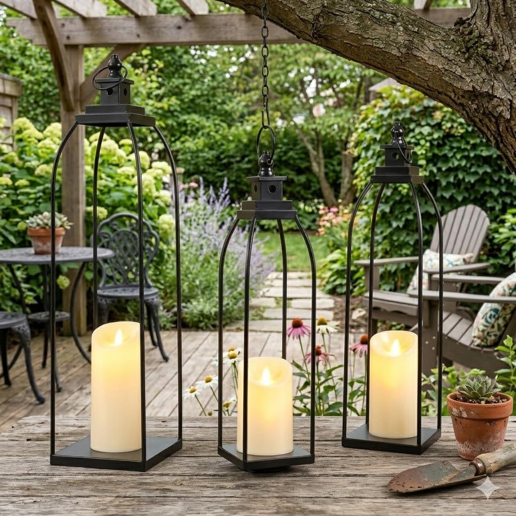 DARJEN Juego de 3 faroles decorativos de metal negro para velas, 16...