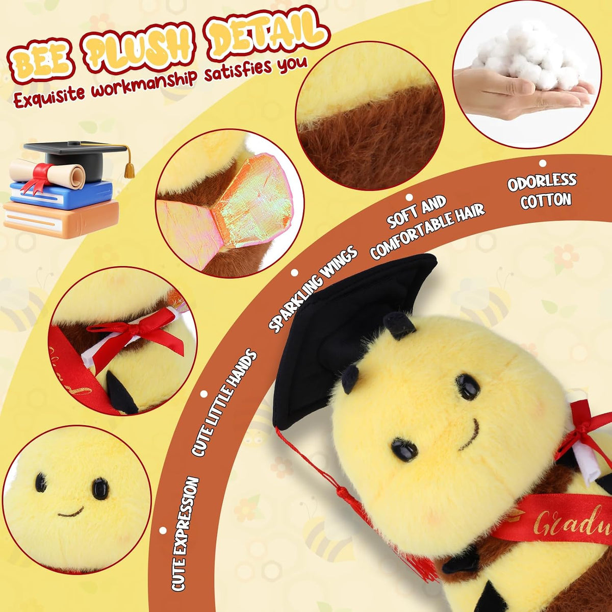 RHHSSE Peluche de abeja sonriente gordita con gorra de doctorado, a...
