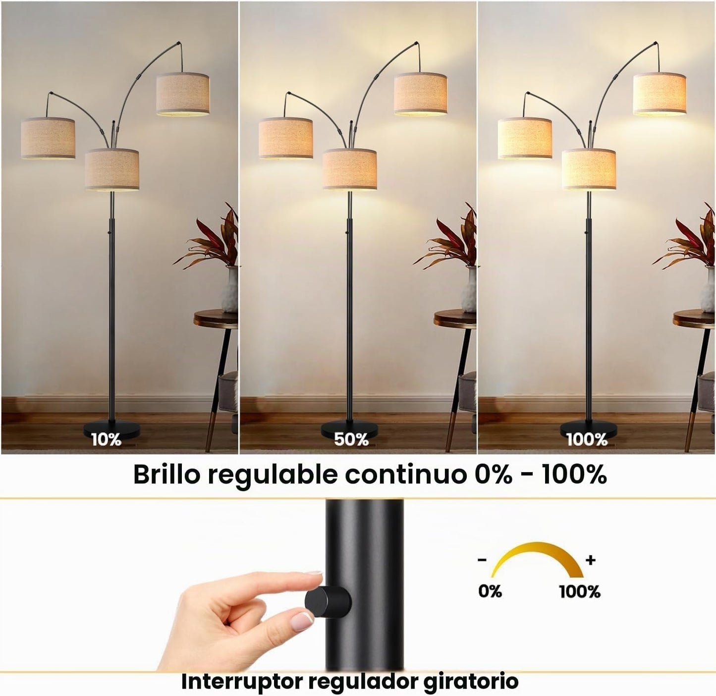 Lámpara de Pie Regulable - 3 Luces Lámpara de Pie de Arco para Sala...