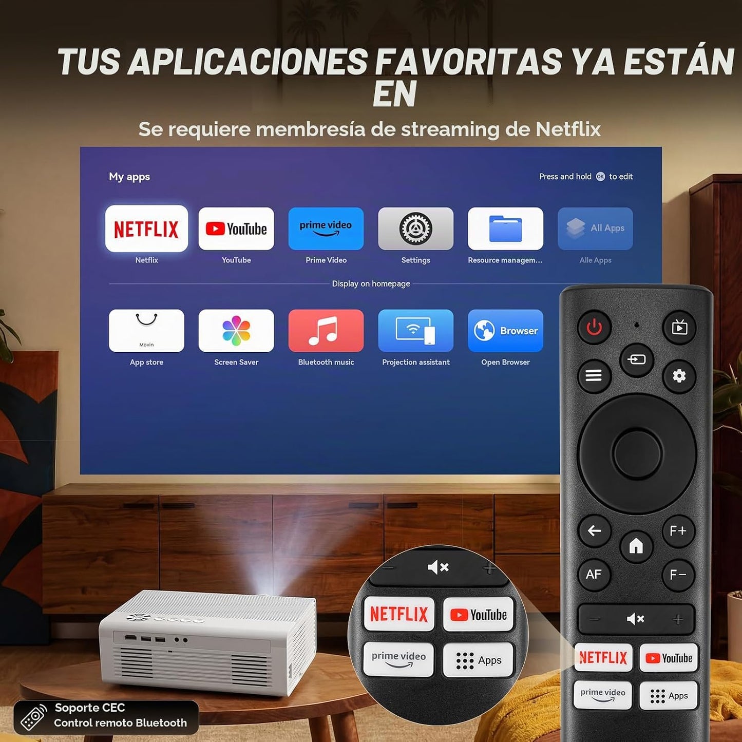 Proyector inteligente con WiFi y Bluetooth, proyector 4K con aplica...