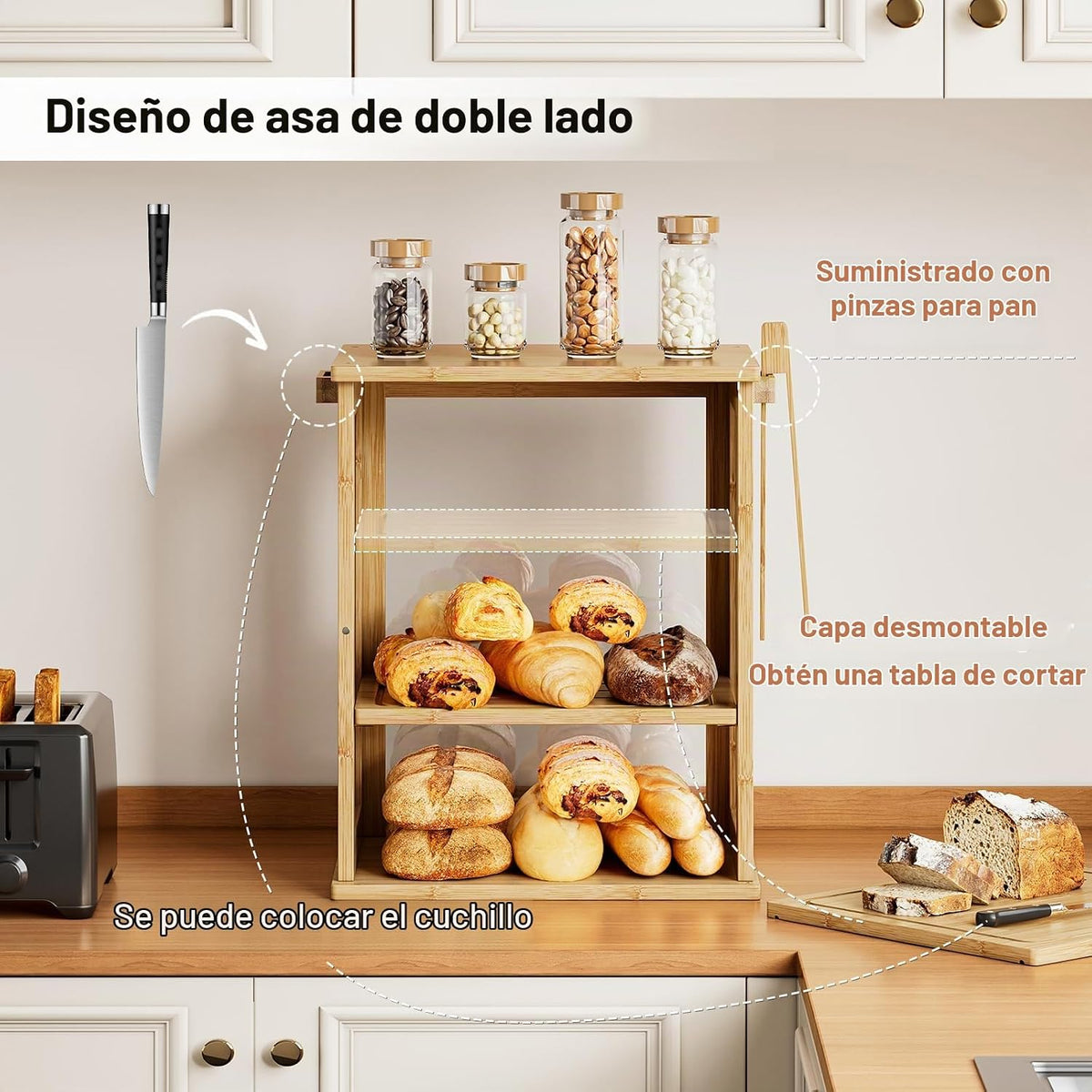 WOWLIVE Panera de bambú para encimera de cocina, contenedor grande...
