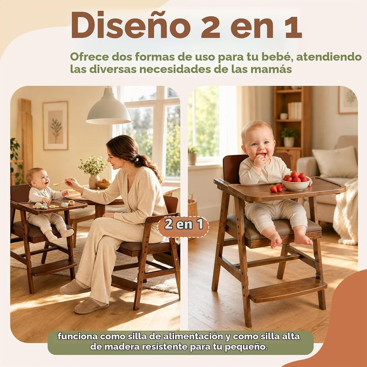 Trona de madera 3 en 1 con escalones y bandeja ajustable para bebés...