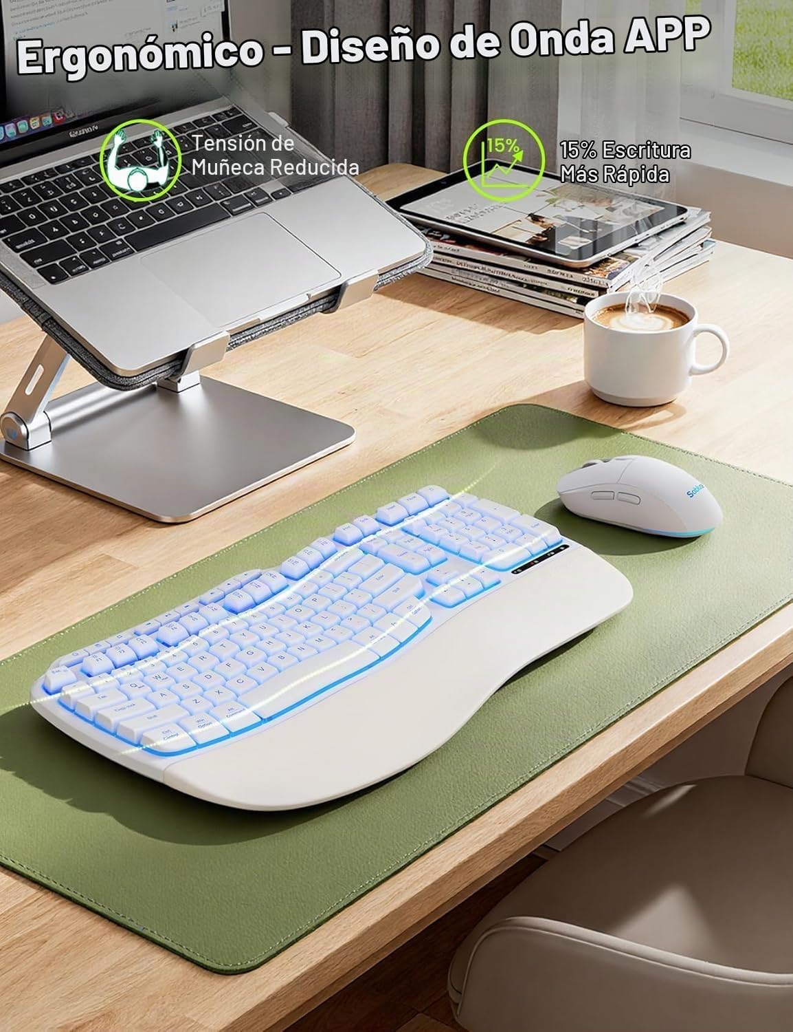 Combo de teclado y mouse inalámbricos blancos, juego de teclado erg...