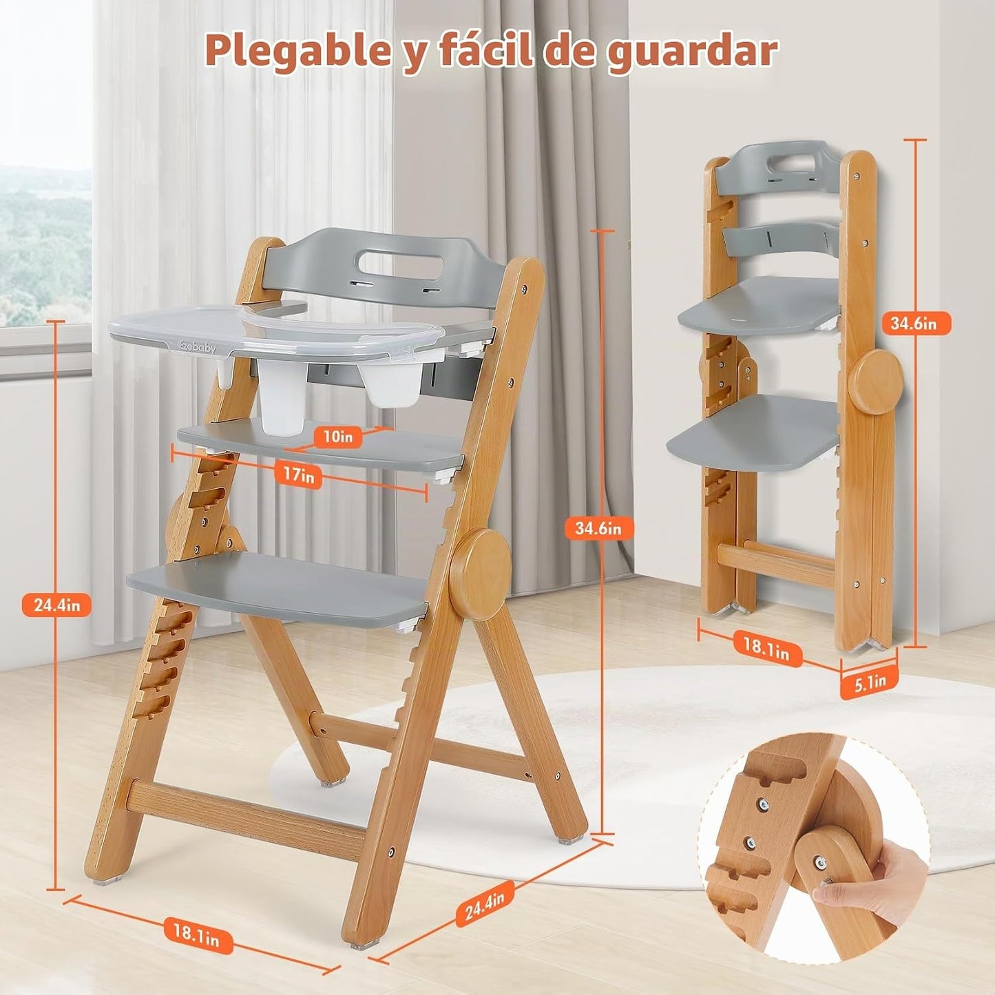 Ezebaby Silla alta de madera Grow with Your Child, silla alta plega...