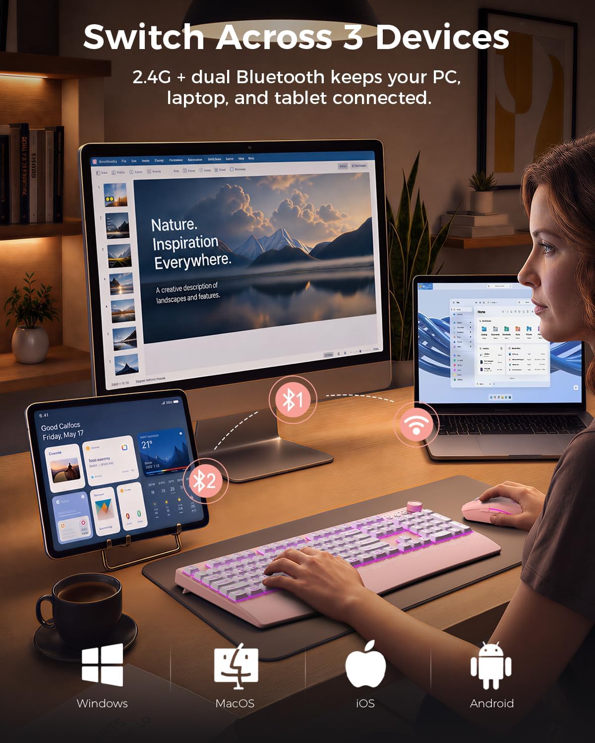 Seenda Teclado y ratón inalámbricos Bluetooth, retroiluminado multi...