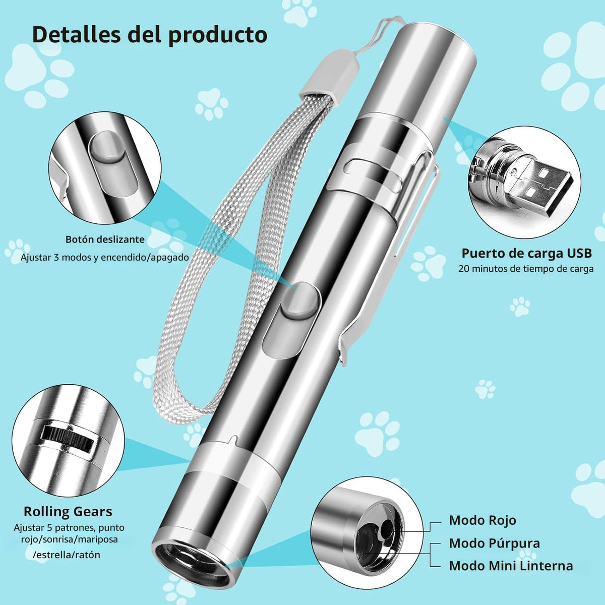 Waputne Juguete para gatos, recargable por USB, 3 modos de luz, 5 p...