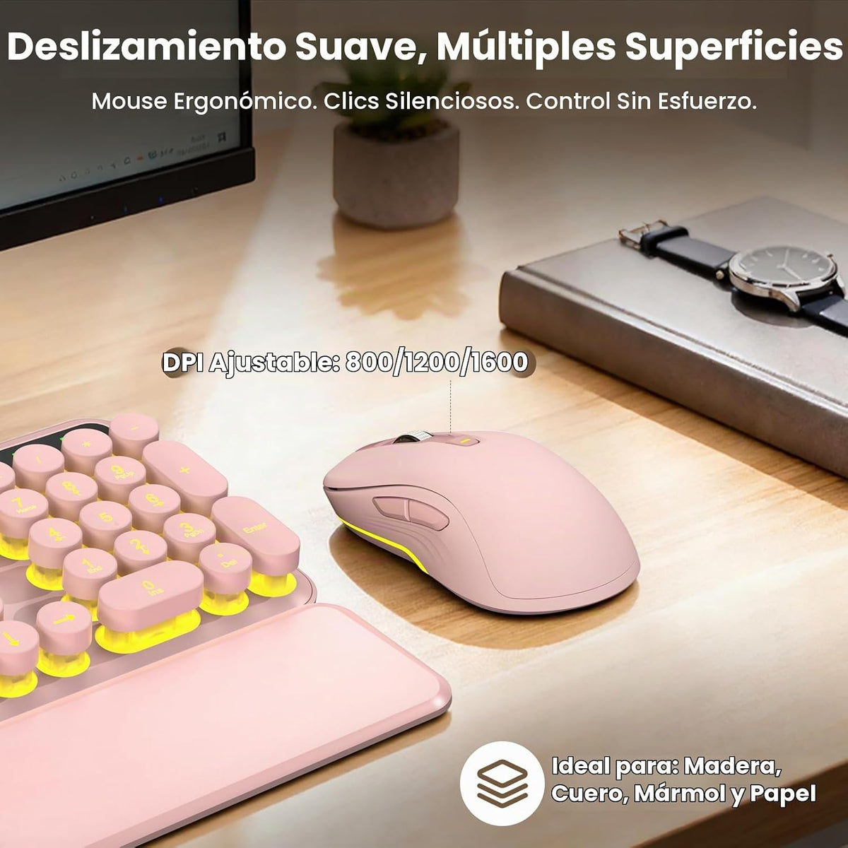 Combo de teclado y mouse inalámbricos, teclas redondas retroilumina...