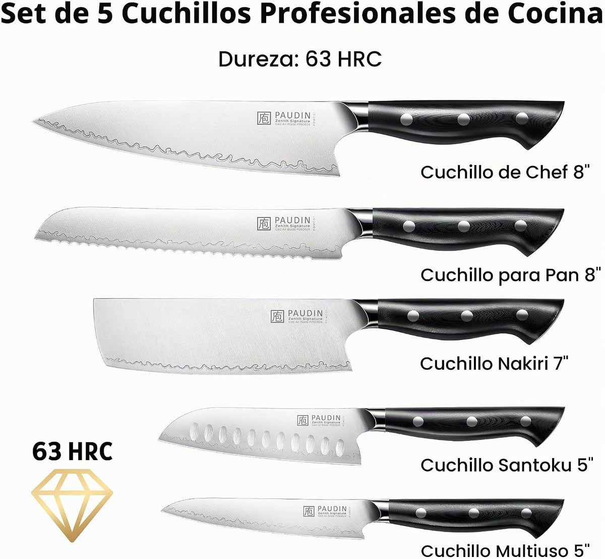 PAUDIN Juego de 5 cuchillos de chef ultra afilados, acero de alto c...
