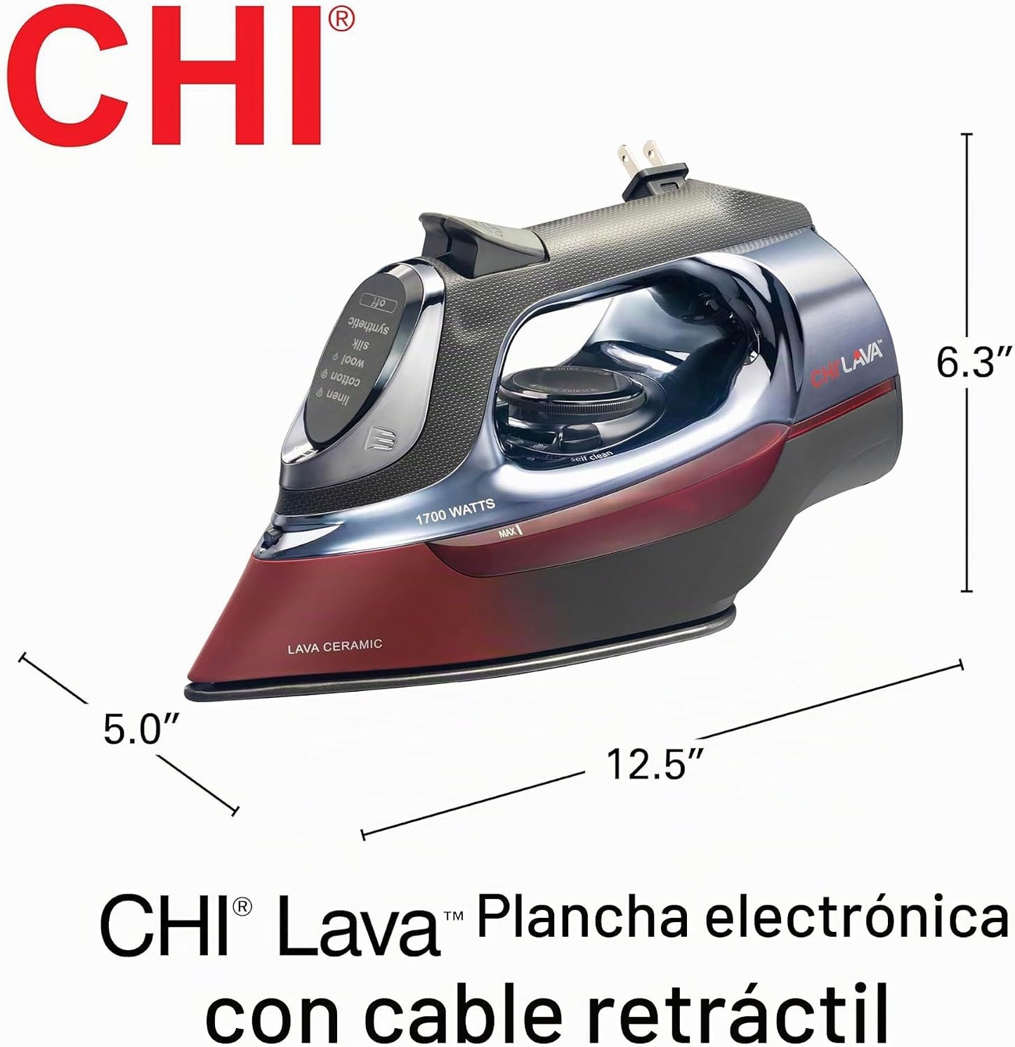 CHI Plancha de vapor para ropa con cable retráctil de 8 pies, 1700...