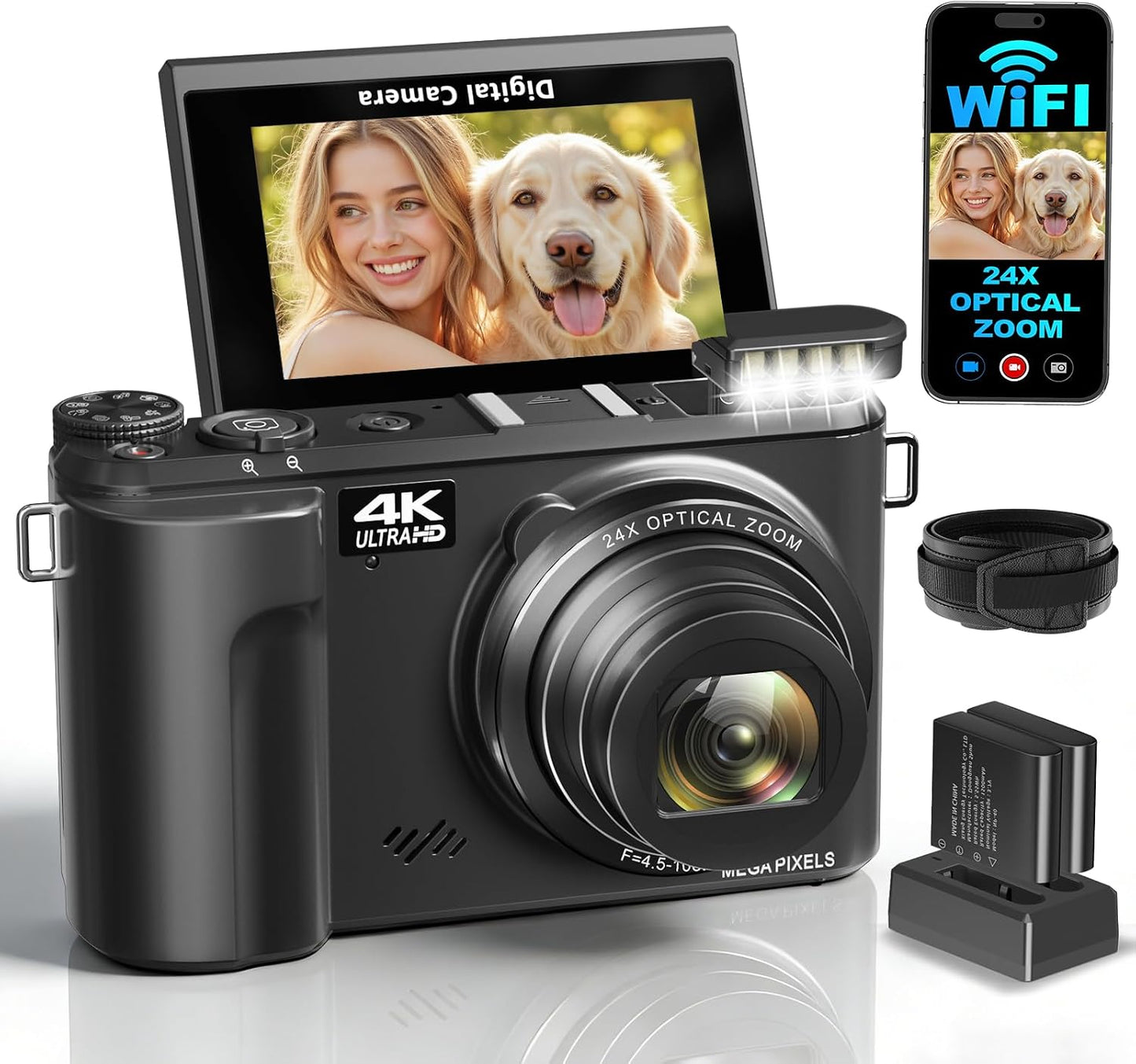 Cámara digital 4K para fotografía con zoom óptico 24X y cámaras de...
